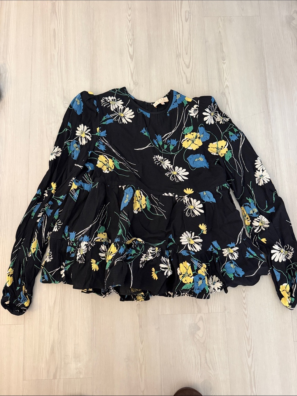 Black Floral Tiered Peplum Tunic - Yellow & Blue Flower Print